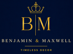 Gold Benjamin & Maxwell logo with crown icon on a navy blue background.