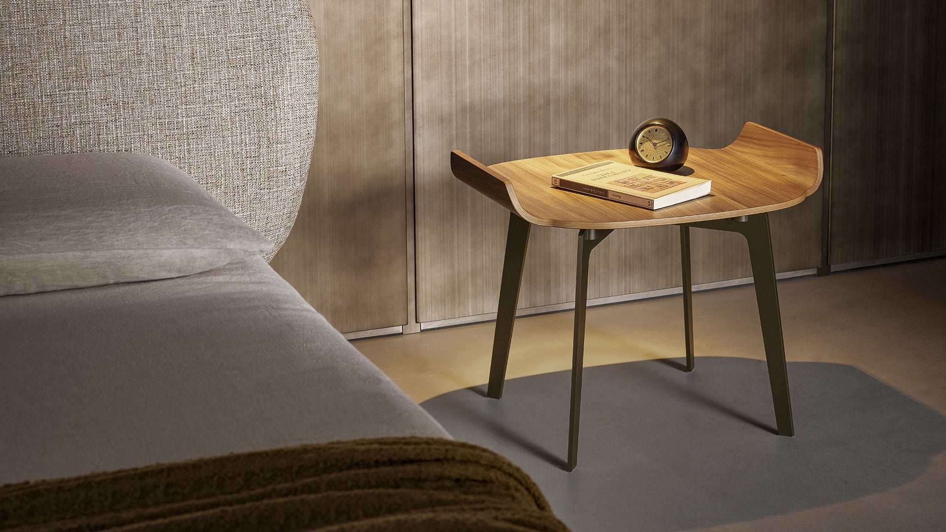 Olos Bedside Table in Canaletto Walnut with Mat Bronze Base