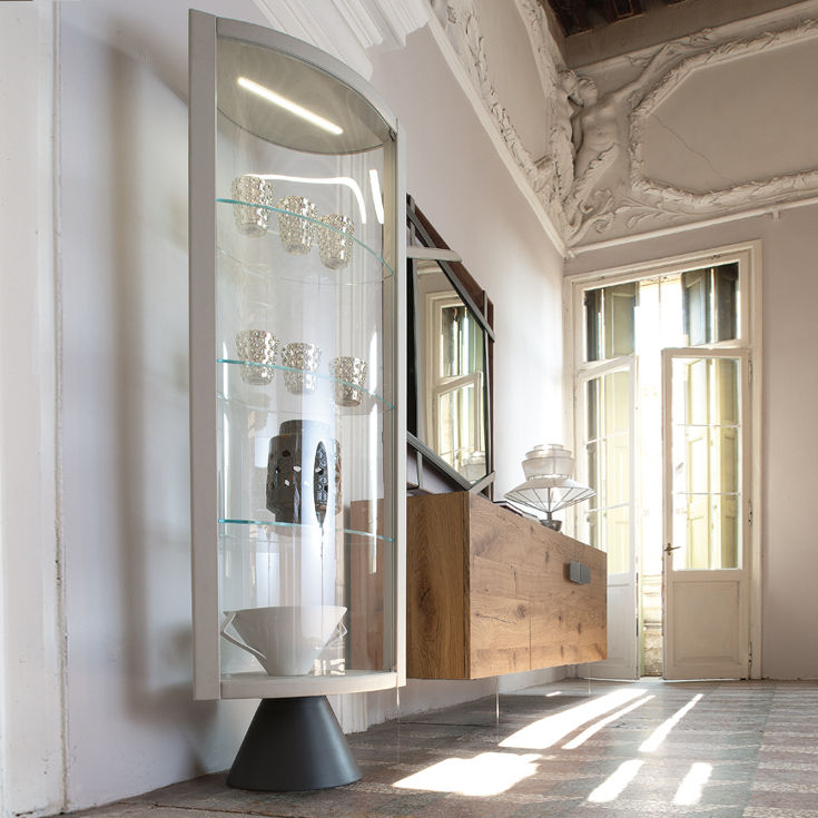 SABA Modern Swiveling Glass Showcase with Leather Frame by Cattelan Italia