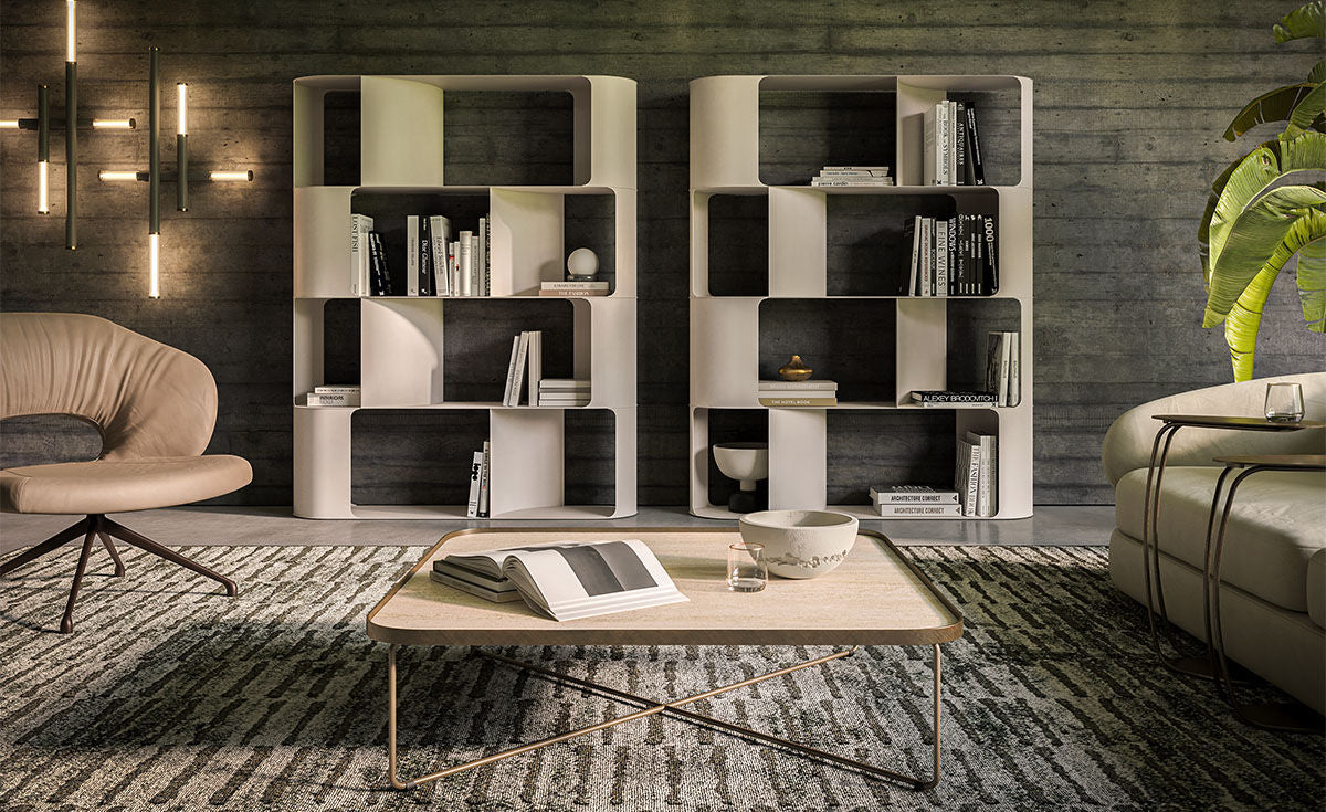 FULHAM Bookcase in Titanium, Bronze or Pearl Embossed Lacquered Steel
