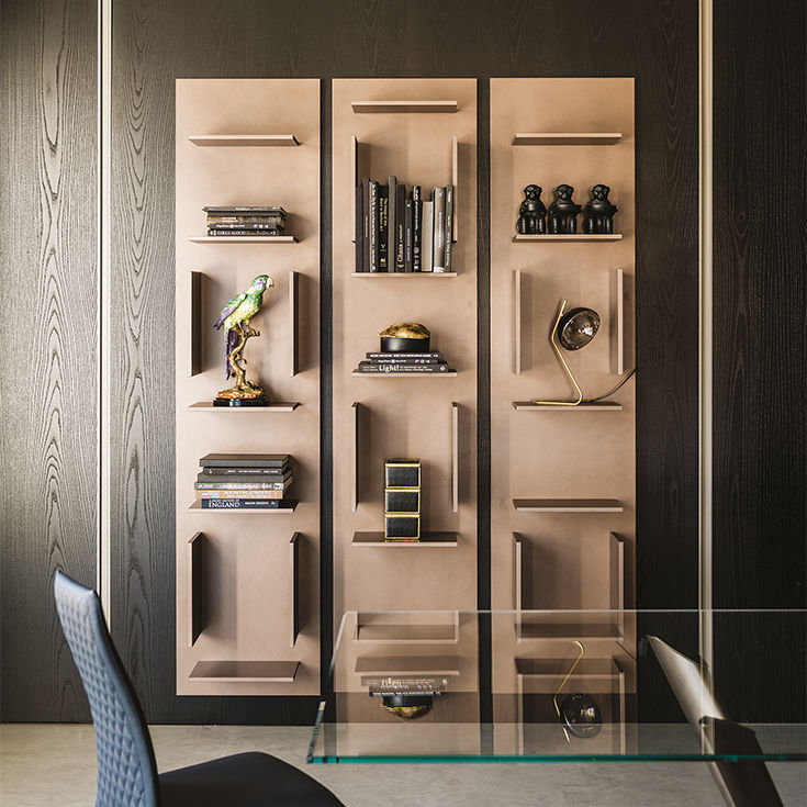 FIFTY Modular Wall Bookcase in Bronze or White Lacquered Embossed Wood