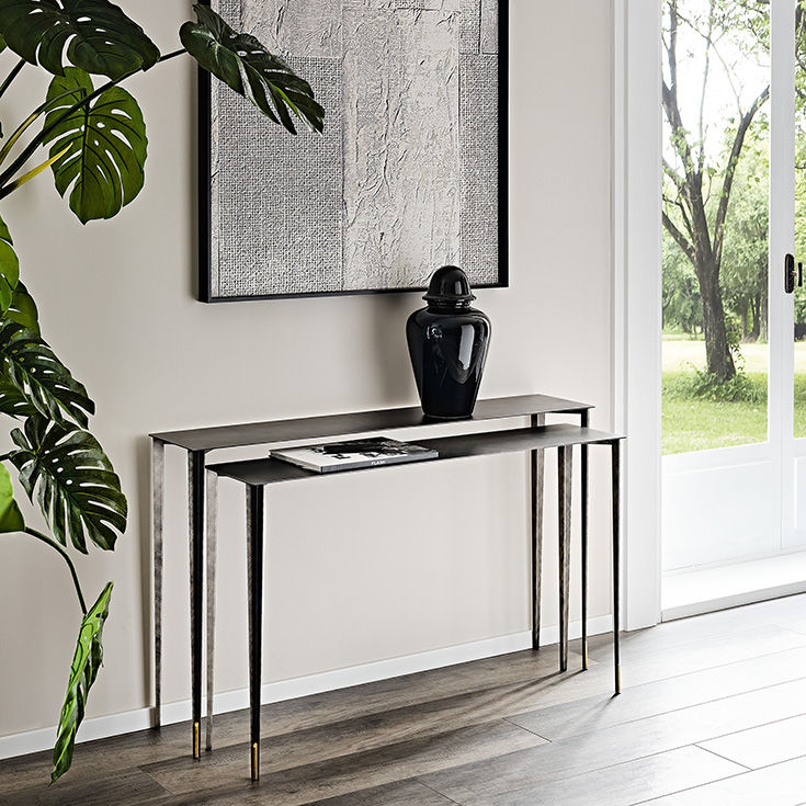 Etoile Pair of Console Tables in Two Heights with Brass Details