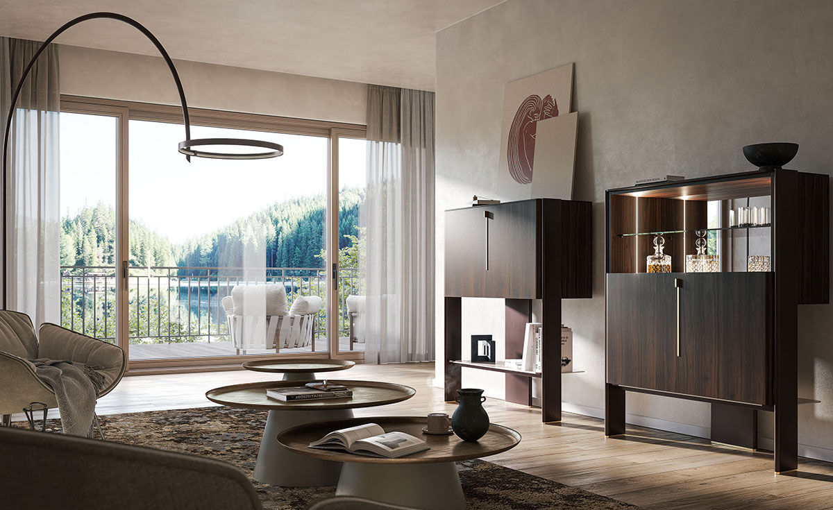 Cremona Chaise Longue Bar Unit with Sliding Door in Burned Oak