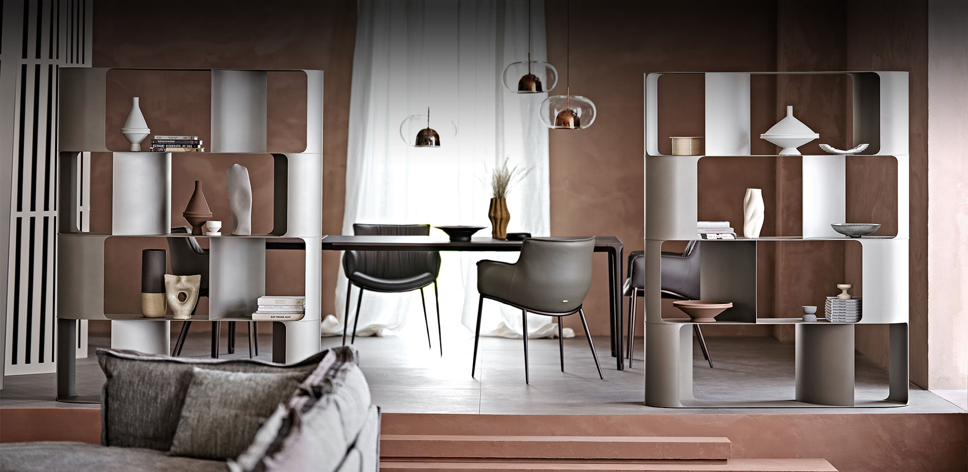 FULHAM Bookcase in Titanium, Bronze or Pearl Embossed Lacquered Steel