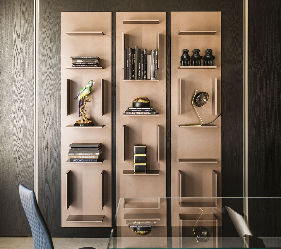 FIFTY Modular Wall Bookcase in Bronze or White Lacquered Embossed Wood