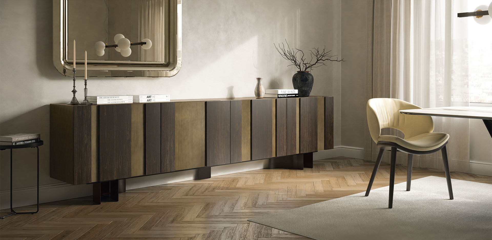 Cattelan Italia Amsterdam Wooden Sideboard Oxybrass Bronze Mirrored Glass