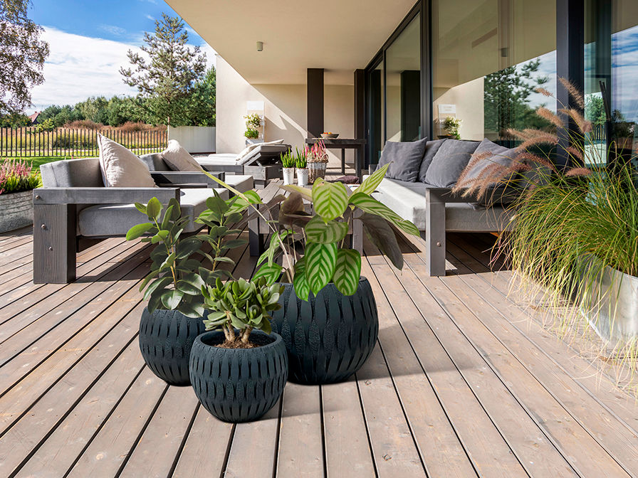 Yuca Set of 3 Black Planters Fiberglass Indoor Decorative